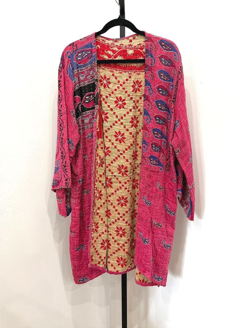Bohemian Kantha Pink Paisley Patterned Open Front Kimono Jacket